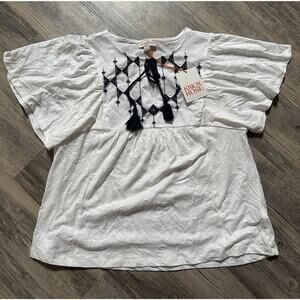 Knox Rose Flutter Sleeve Shirt Blouse Womens Size XS White Navy Embroidered